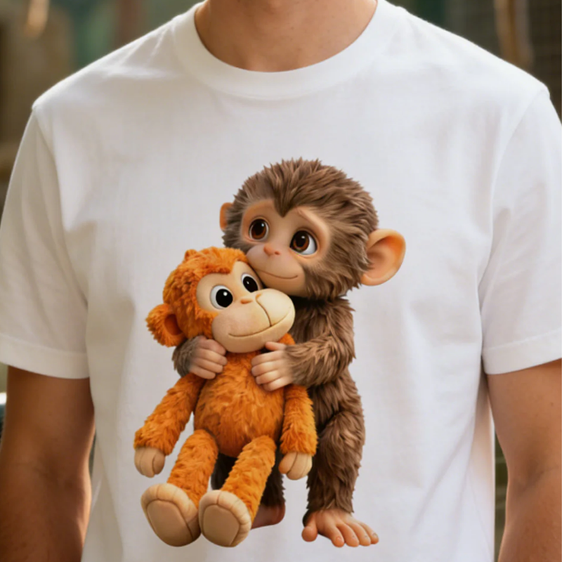 🥰 Camiseta gráfica unisex con diseño de mono abrazando juguete