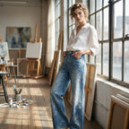 Pantalones vaqueros de pierna ancha con jacquard floral para mujer