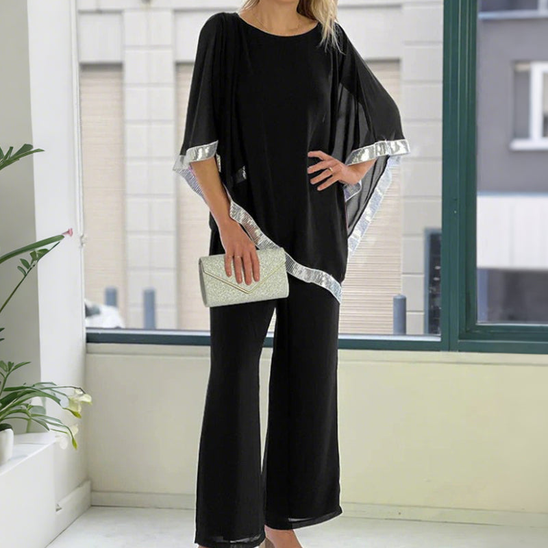 📢📢¡GRAN REBAJA! ⏰Set de top poncho elegante con ribetes de lentejuelas y pantalones anchos